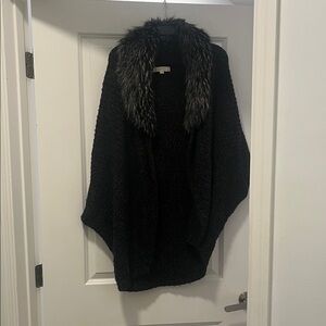 LOFT Black Sweater with Faux Fur Trim